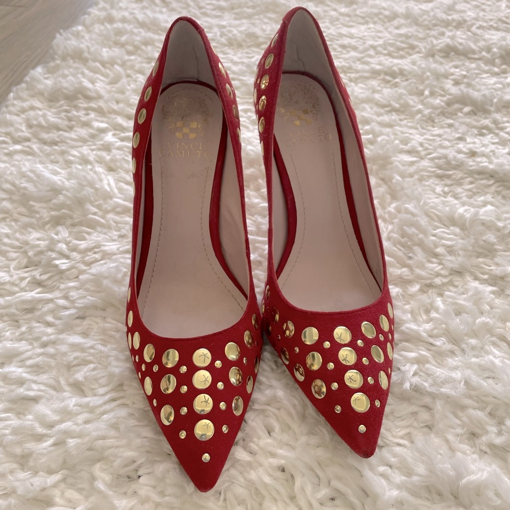 EUC Red Suede Pumps with Gold Studs